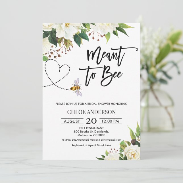 White Floral Meant to Bee Bridal Shower Invitation (Standing Front)
