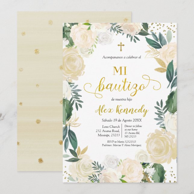 White Floral Mi Bautizo Spanish Invitacion Invitat Invitation (Front/Back)