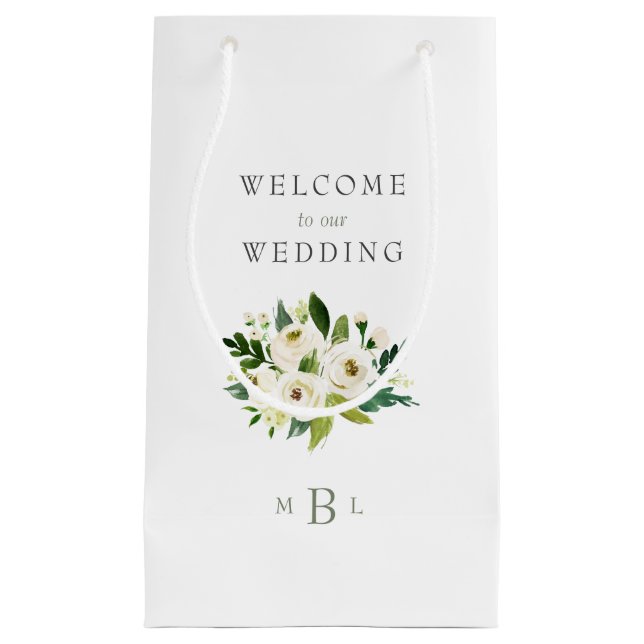 White Floral Monogram Elegant White Wedding Small Gift Bag (Front)