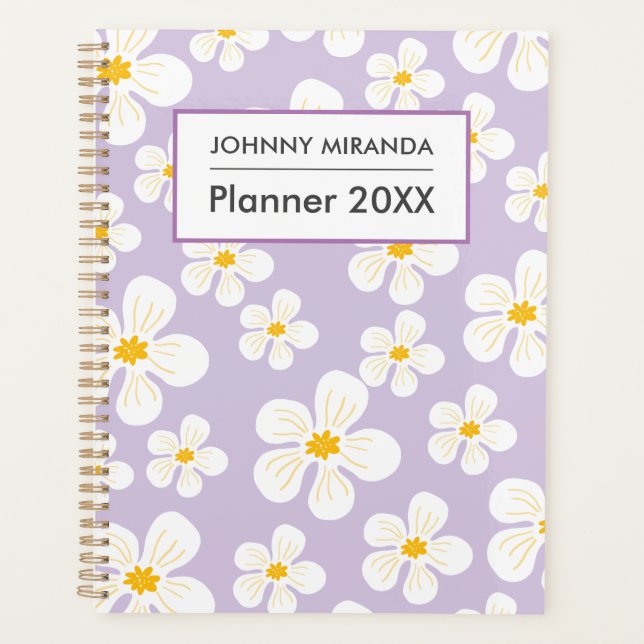 White Floral Monogram name month and Week Purple Planner (Front)