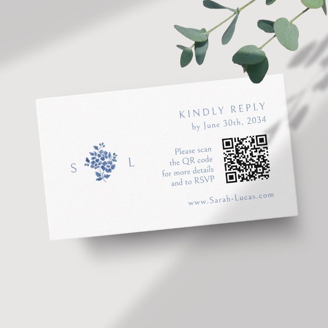 White | Floral Monogram QR Code Wedding RSVP Enclosure Card (Creator Uploaded)
