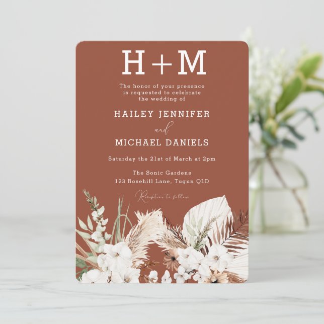 White Floral Monogram Terracotta Boho Wedding Invitation (Standing Front)