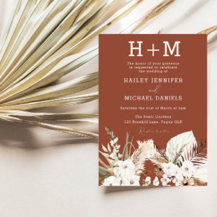 White Floral Monogram Terracotta Boho Wedding Invitation