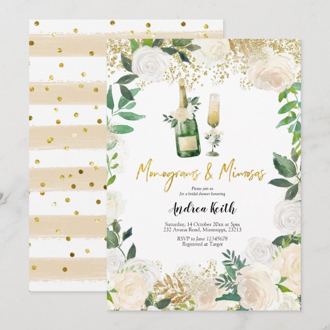 White Floral Monograms and Mimosas Bridal Shower I Invitation (Front/Back)