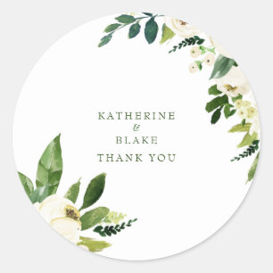 White Floral Names Wedding Thank You Classic Round Sticker