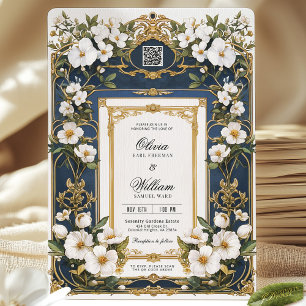 White Floral Navy Blue & Gold Wedding Invitation 
