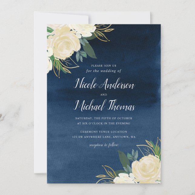 White Floral Navy Blue Watercolor Wedding Invitation (Front)