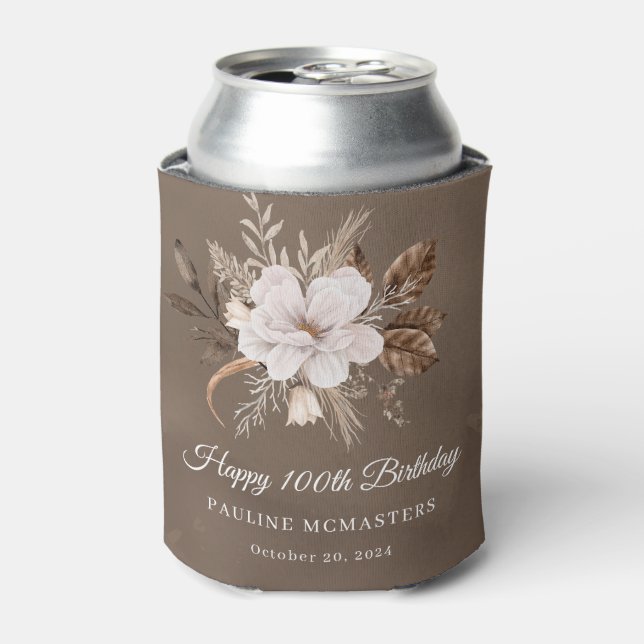 White Floral Neutral Fall 100th Birthday Can Cooler (Can Front)