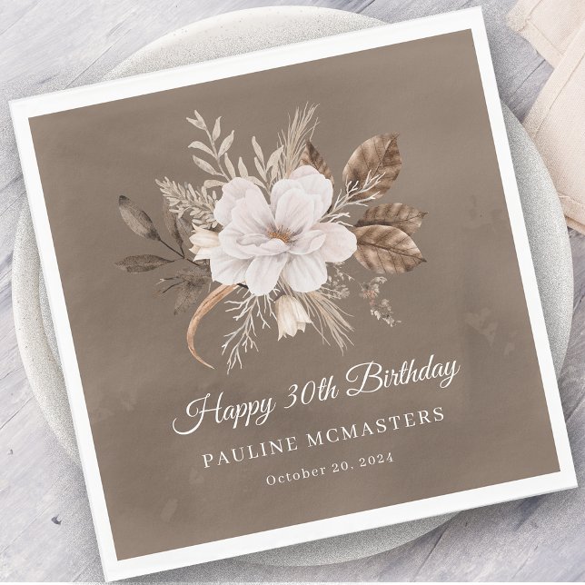 White Floral Neutral Fall 30th Birthday Napkin (Creator Uploaded)