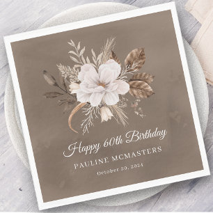 White Floral Neutral Fall 60th Birthday Napkin