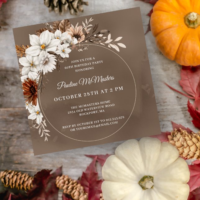 White Floral Neutral Fall 60th Birthday Square Invitation (Creator Uploaded)