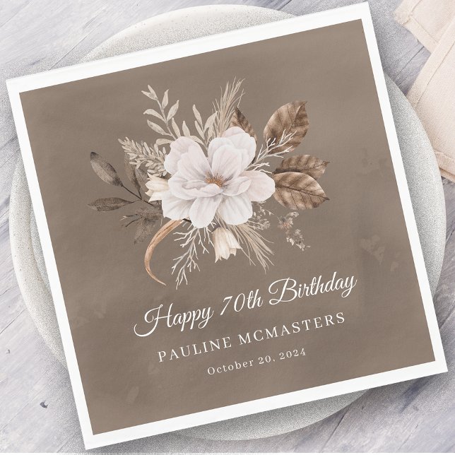 White Floral Neutral Fall 70th Birthday Napkin (Creator Uploaded)
