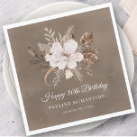 White Floral Neutral Fall 80th Birthday Napkin<br><div class="desc">A beautiful bouquet of white flowers and neutral fall leaves decorate this 80th birthday napkin. The grey, taupe, and white foliage create an elegant and chic autumnal display that frame the white flowers perfectly. Happy 80th birthday is written below the flowers in a traditional and classic script. Two additional lines...</div>