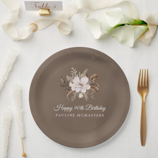 White Floral Neutral Fall 90th Birthday Paper Plate (Wedding)