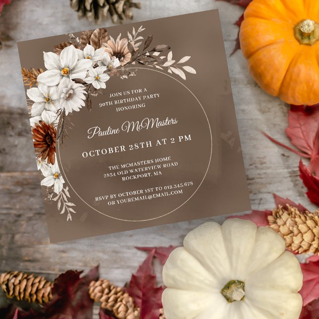 White Floral Neutral Fall 90th Birthday Square Invitation (Creator Uploaded)