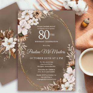 White Floral Neutral Fall Bouquet 80th Birthday Invitation