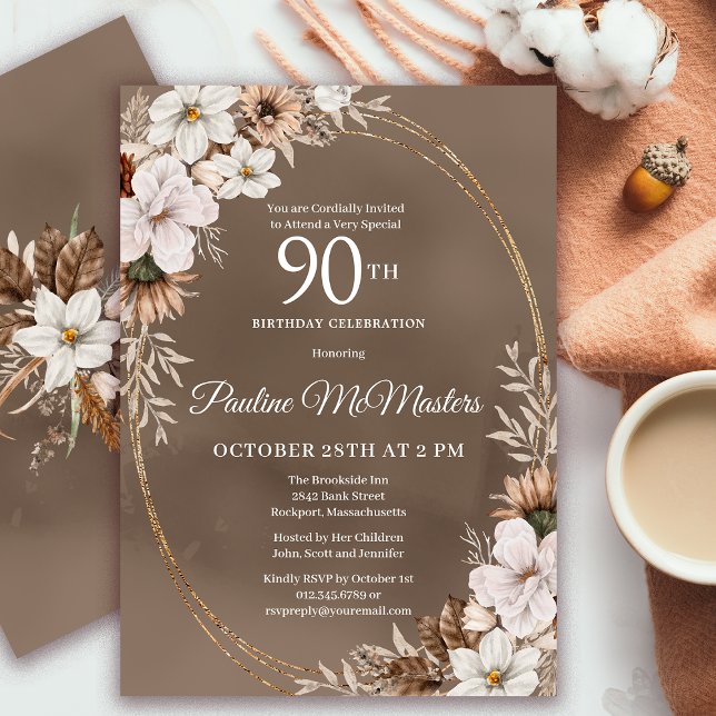 White Floral Neutral Fall Bouquet 90th Birthday  Invitation (Need a matching fall Welcome Sign? Message me! Party supplies available too.)