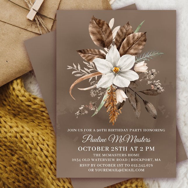 White Floral Neutral Fall Bouquet 90th Birthday  Invitation (Need a matching Welcome Sign? Message me! Party supplies available too.)