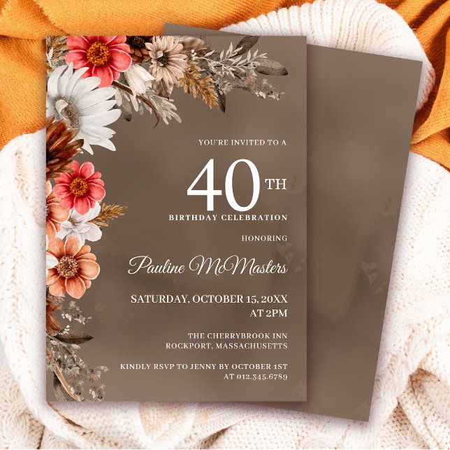 White Floral Neutral Fall Flowers 40th Birthday Invitation (Need matching fall Welcome signs or party supplies? Message me!)