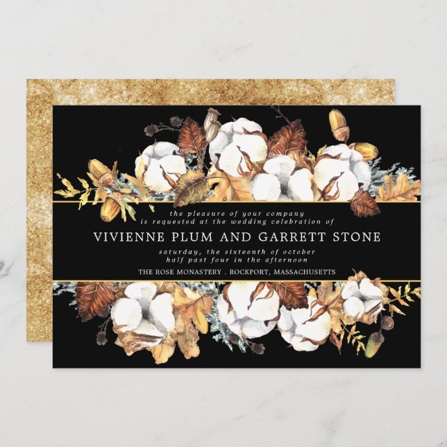 White Floral on Black and Gold Fall Wedding Invitation (Front/Back)