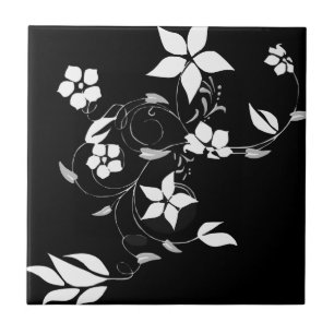 White Floral on Black Ceramic Tile