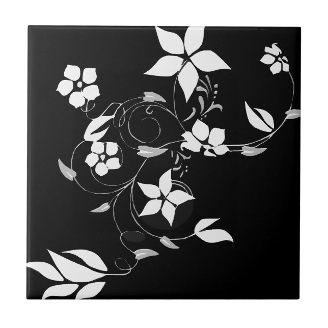 White Floral on Black Ceramic Tile (Front)
