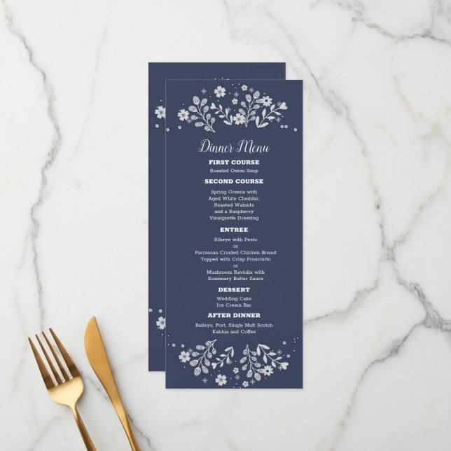 White Floral on blue Wedding Menu (Front/Back In Situ)