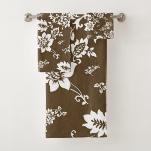 White Floral on Choco Brown Background Bath Towel Set