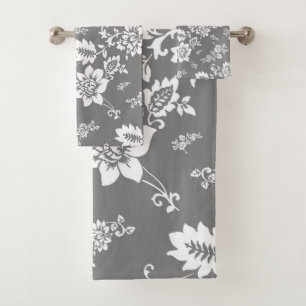 White Floral on Ultimate Grey Background Bath Towel Set