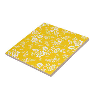 White Floral on Yellow Spring Background Ceramic Tile