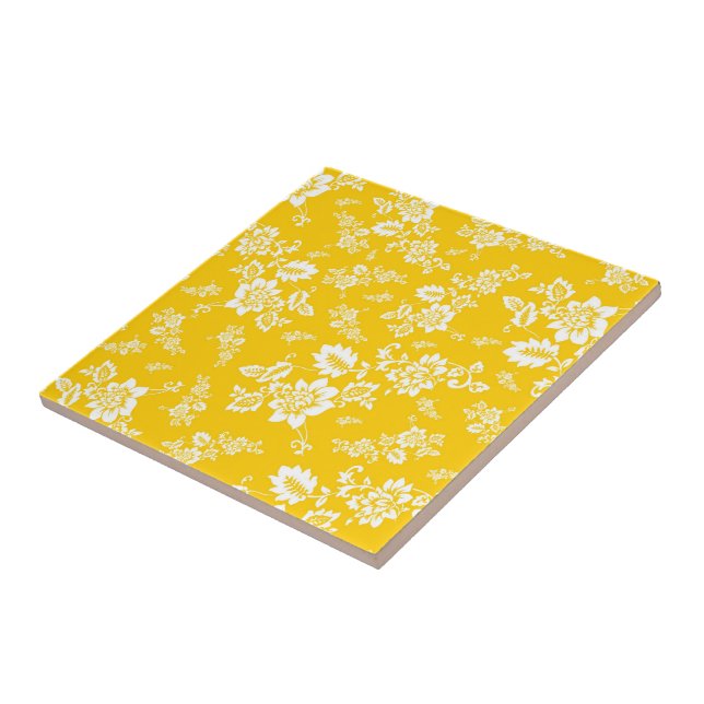 White Floral on Yellow Spring Background Ceramic Tile (Side)