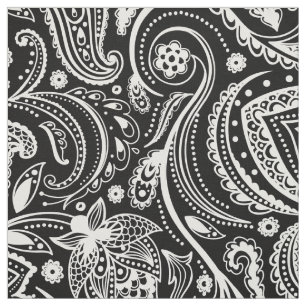White Floral Paisley Over Custom Black background Fabric