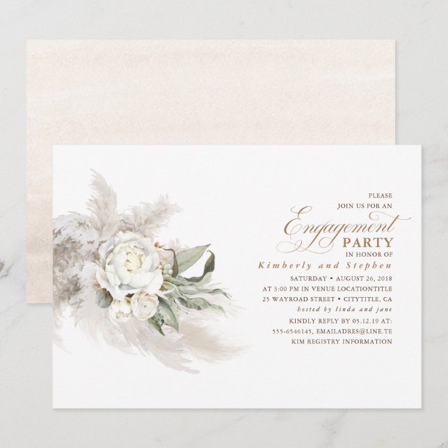 White Floral Pampas Grass Elegant Engagement Party Invitation (Front/Back)