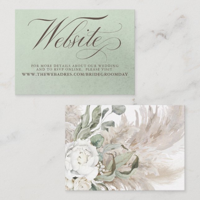 White Floral Pampas Grass Sage Wedding Website Enclosure Card (Front/Back)