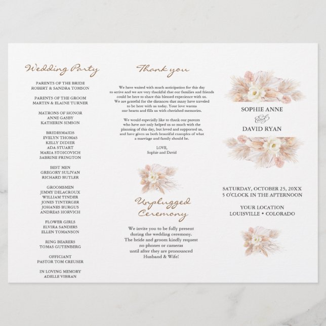 White Floral Pampas Grass Tri+Fold Wedding Program Flyer (Front)