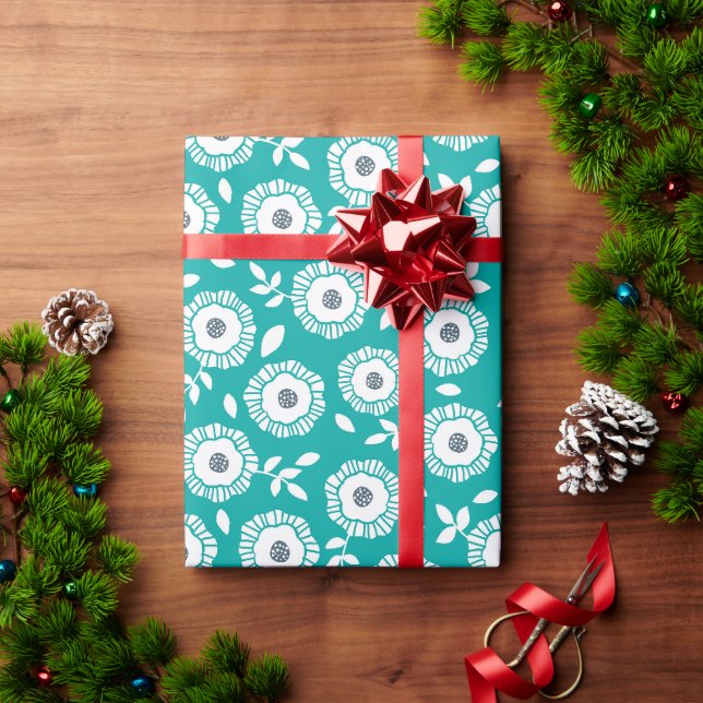 White floral pattern on turquoise background wrapping paper (Holiday Gift)