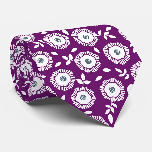 White floral pattern purple background tie (Rolled)
