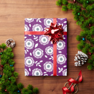 White floral pattern purple background wrapping paper