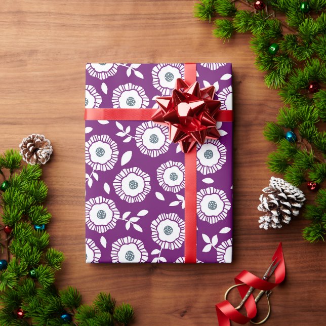 White floral pattern purple background wrapping paper (Holiday Gift)