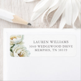 White Floral Peonies Personalized Return Address Label