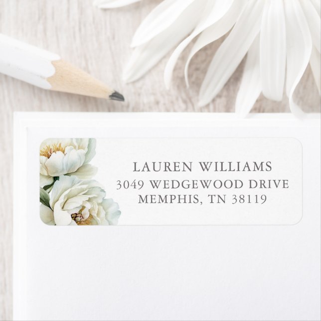 White Floral Peonies Personalized  Return Address Label (Insitu)