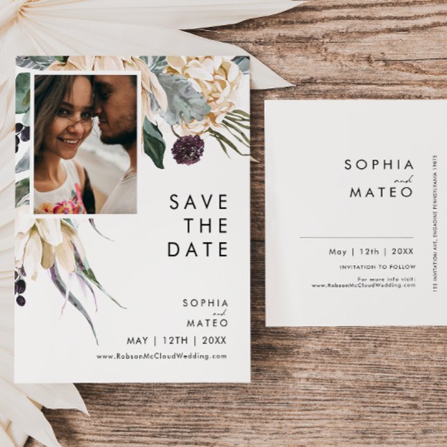 White Floral Photo Save The Date Postcard (Creator Uploaded)