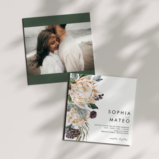 White Floral Photo Square Wedding Invitation (Creator Uploaded)