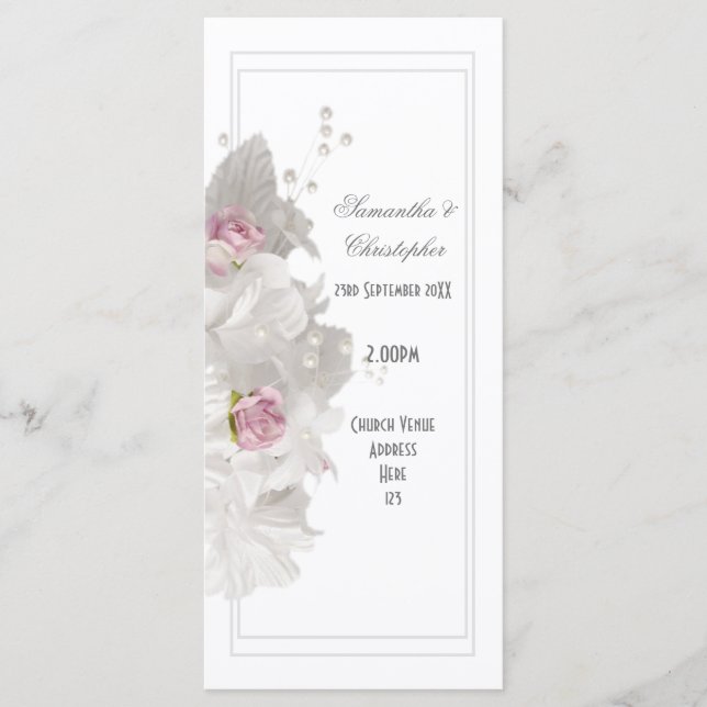 White floral pink rose church wedding program (Front)