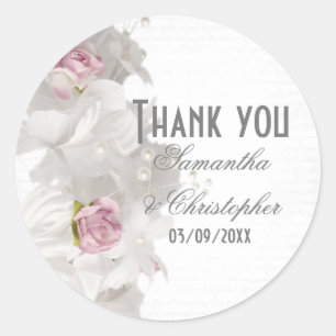 White floral pink rose wedding thank you classic round sticker