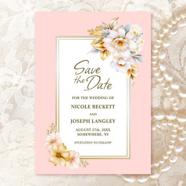 White Floral Pink Wedding Save the Date  (Creator Uploaded)