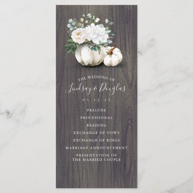 White Floral Pumpkin Fall Wedding Programs (Front)