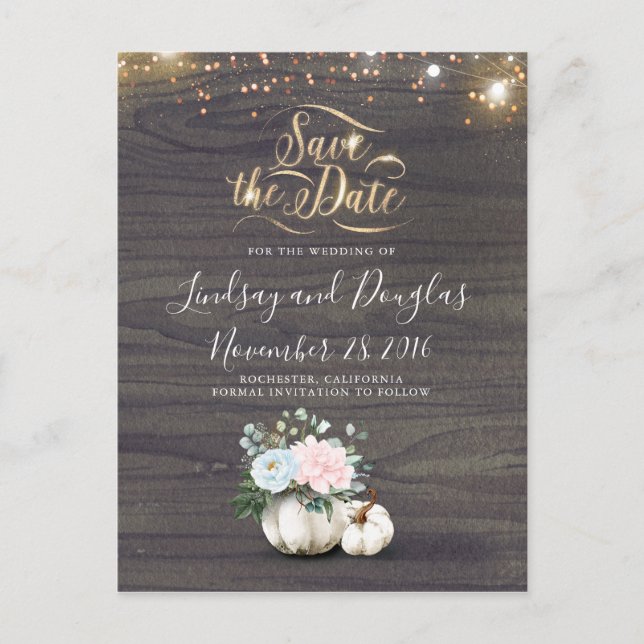 White Floral Pumpkin Rustic Fall Save the Date Ann Announcement Postcard (Front)