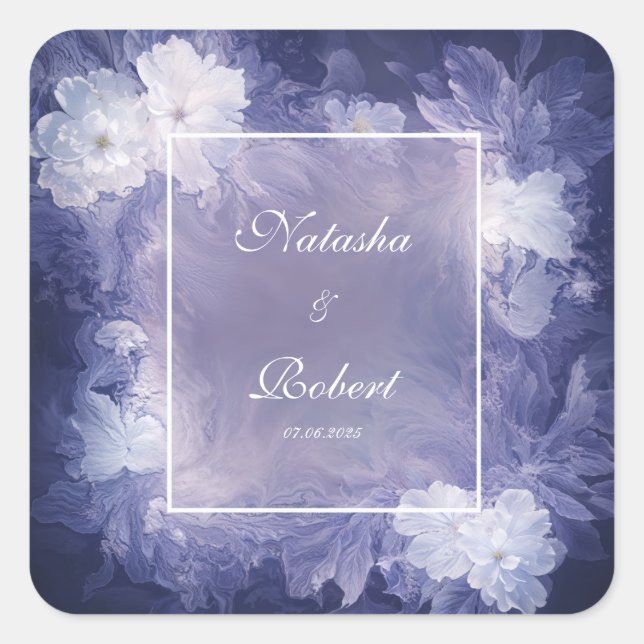 White Floral Purple Blue Marbled Liquid Art Square Sticker (Front)