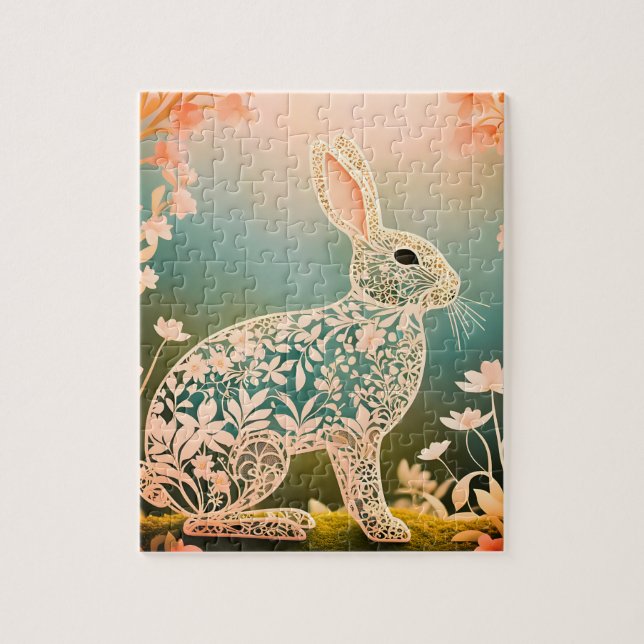 White Floral Rabbit Spring Art  Jigsaw Puzzle (Vertical)